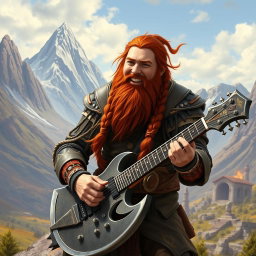 Gimli, son of Glóin, enthusiastically playing a guitar shaped like a battle axe
