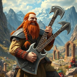Gimli, son of Glóin, enthusiastically playing a guitar shaped like a battle axe
