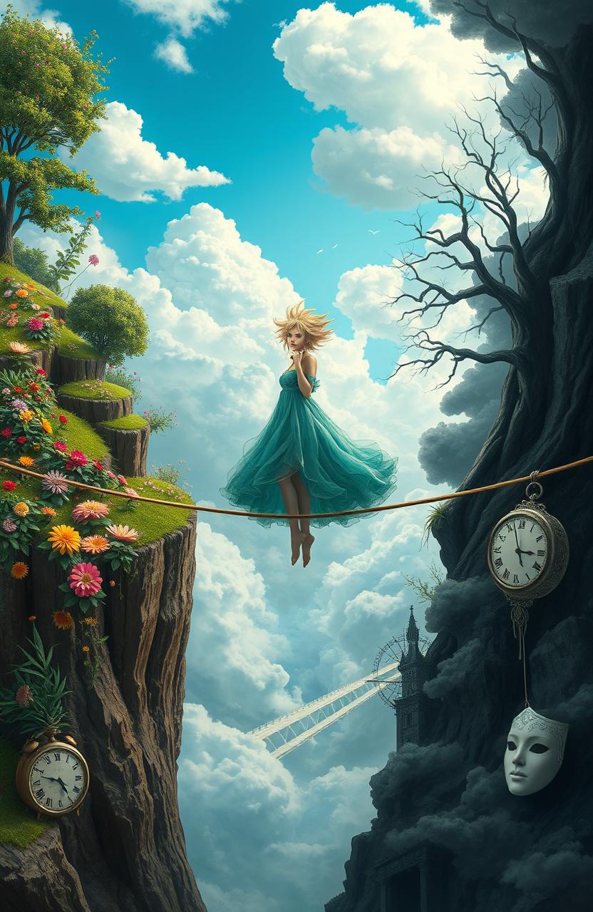 A surreal depiction of a character standing on a tightrope, suspended between two contrasting worlds
