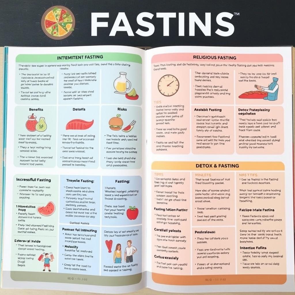 A comprehensive guide on fasting, featuring detailed illustrations and sections that cover various types of fasts such as intermittent fasting, religious fasting, and detox fasting