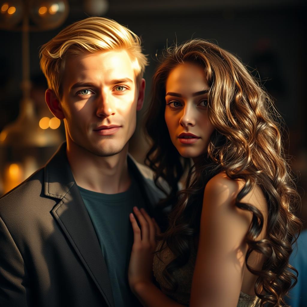 A 34-year-old man with blonde hair and fair skin, blue eyes, inspired by Karem Bursin, standing next to a woman with long, soft, curly dark brown hair, fair skin, and blue eyes, inspired by a combination of Blanca Solar and Victoria Bravona