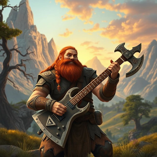 Gimli, son of Glóin, merrily playing a guitar shaped like an axe