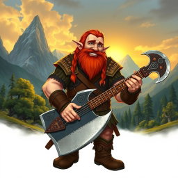 Gimli, son of Glóin, merrily playing a guitar shaped like an axe