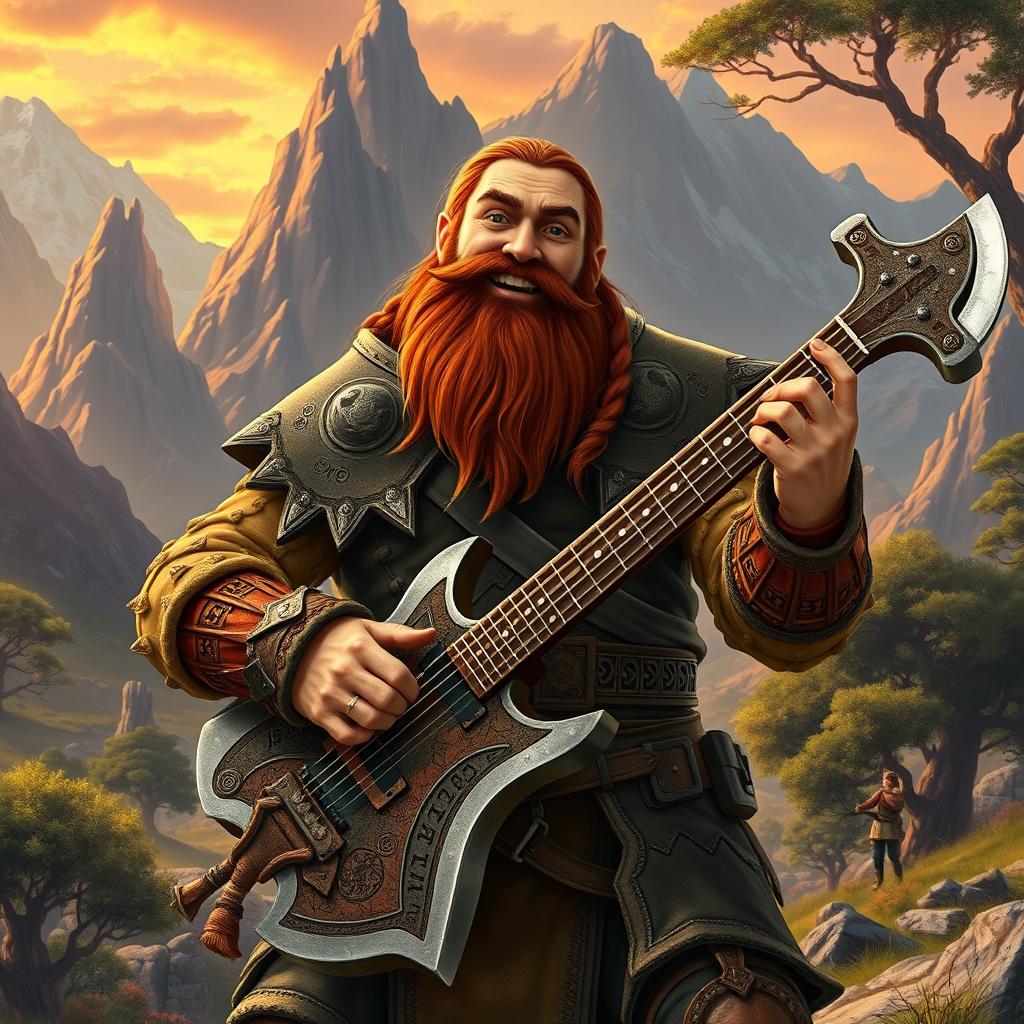 Gimli, son of Glóin, merrily playing a guitar shaped like an axe