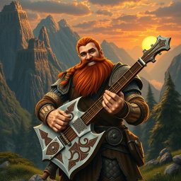 Gimli, son of Glóin, merrily playing a guitar shaped like an axe