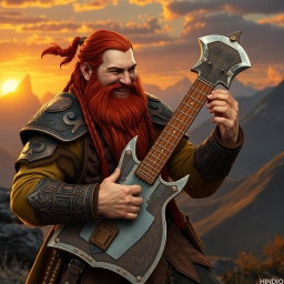 Gimli, son of Glóin, passionately playing a guitar designed like a fearsome battle axe