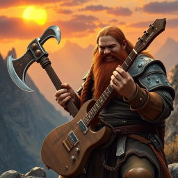 Gimli, son of Glóin, passionately playing a guitar designed like a fearsome battle axe