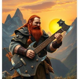Gimli, son of Glóin, passionately playing a guitar designed like a fearsome battle axe