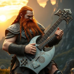 Gimli, son of Glóin, passionately playing a guitar designed like a fearsome battle axe
