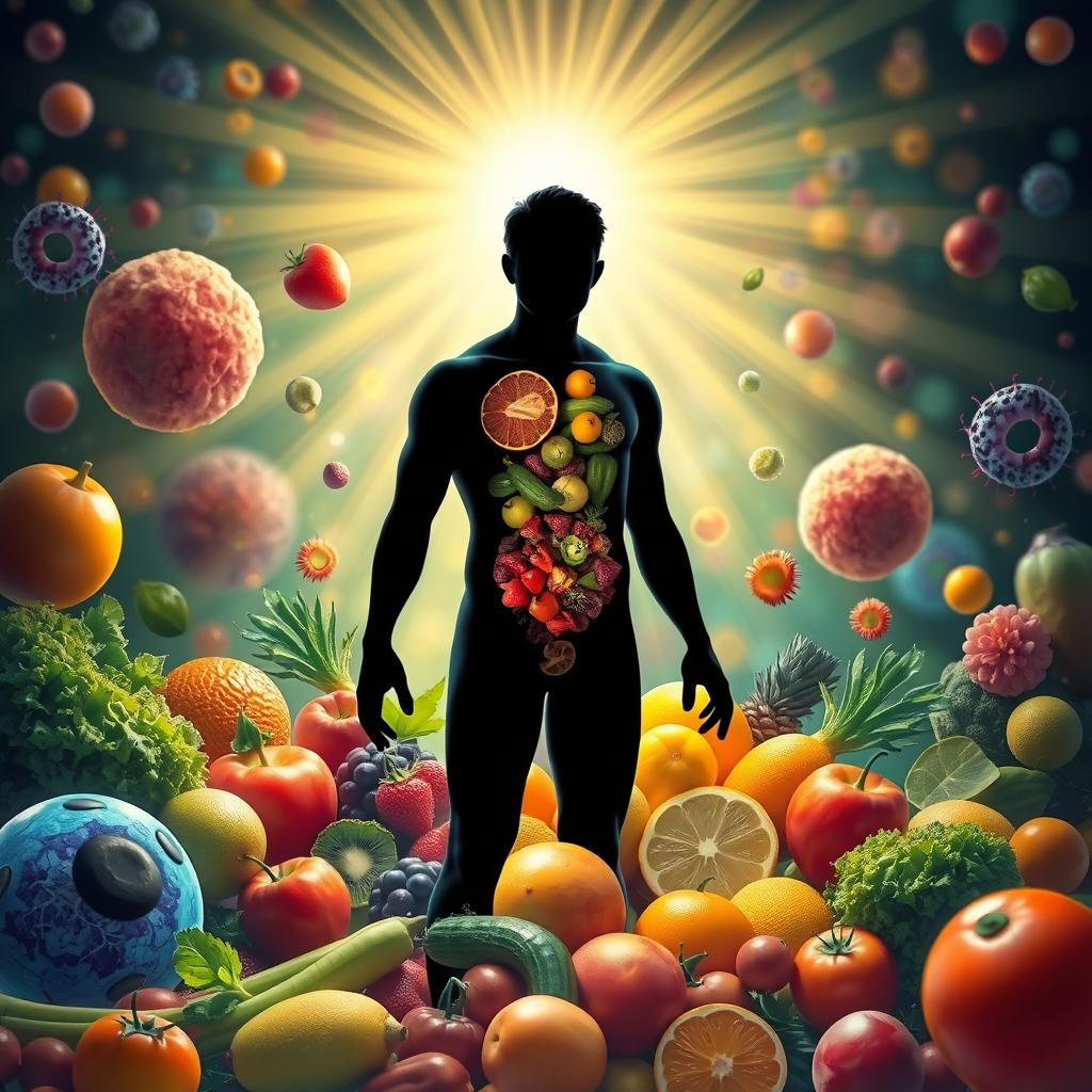 A detailed visualization of fasting and autophagy, depicting a healthy human silhouette surrounded by vibrant fruits and vegetables, symbolizing nourishment and cellular rejuvenation