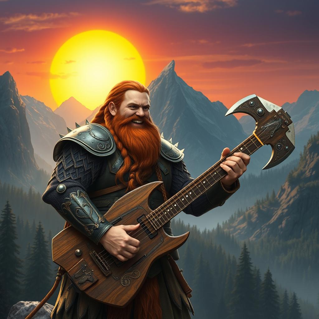 Gimli, son of Glóin, engagingly playing a guitar that is uniquely shaped like a battle axe