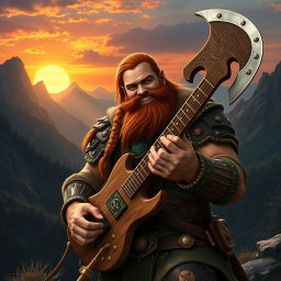 Gimli, son of Glóin, engagingly playing a guitar that is uniquely shaped like a battle axe