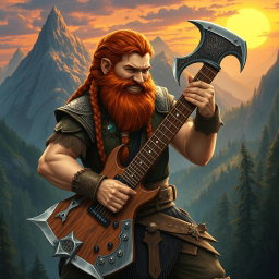 Gimli, son of Glóin, engagingly playing a guitar that is uniquely shaped like a battle axe