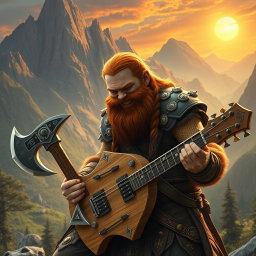 Gimli, son of Glóin, engagingly playing a guitar that is uniquely shaped like a battle axe