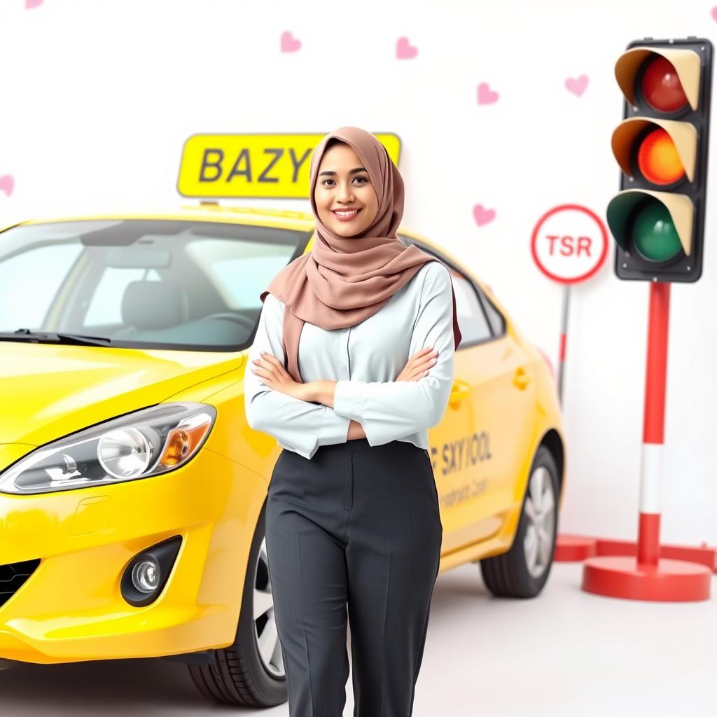 A female driving instructor, wearing a hijab, standing beside a bright yellow driving school car
