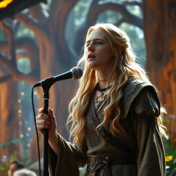 Legolas, the elven prince, captivating an audience as he sings a powerful ballad into a microphone