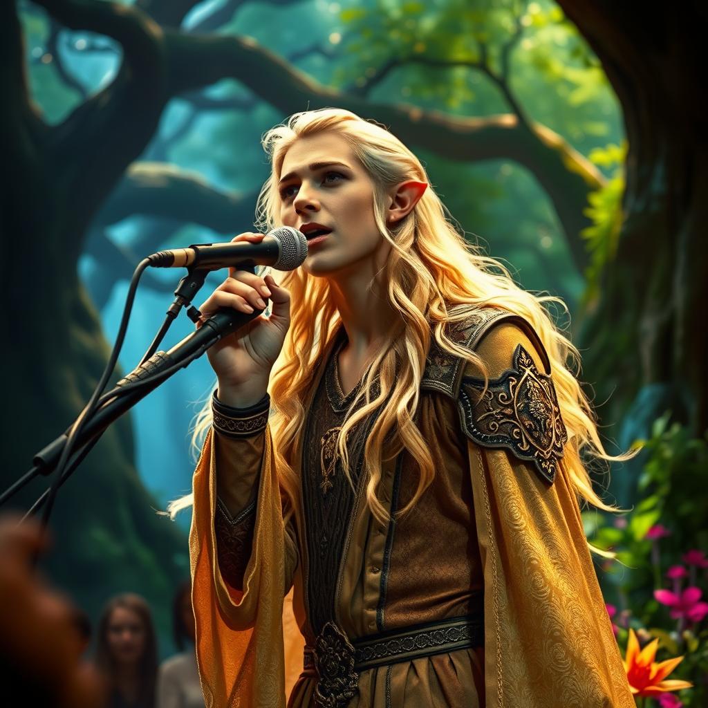 Legolas, the elven prince, captivating an audience as he sings a powerful ballad into a microphone