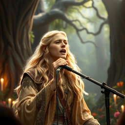 Legolas, the elven prince, captivating an audience as he sings a powerful ballad into a microphone