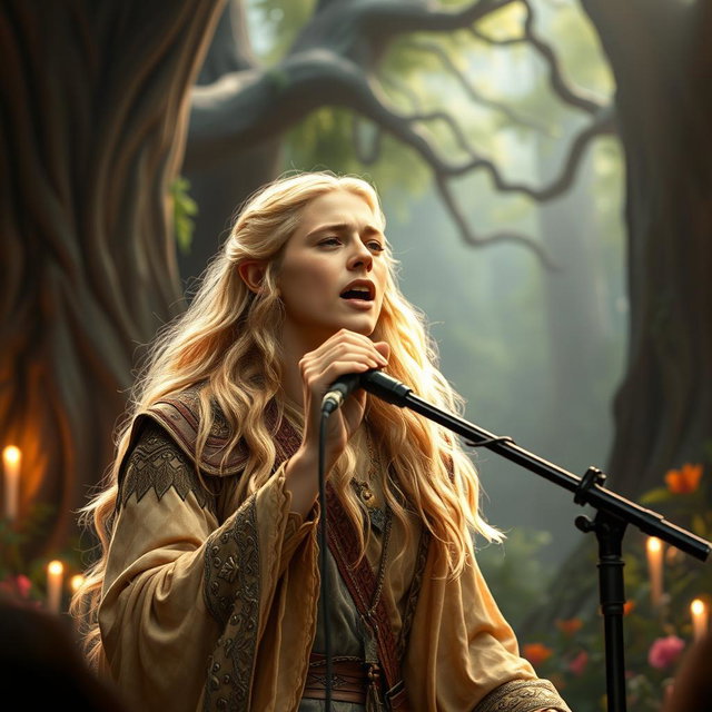 Legolas, the elven prince, captivating an audience as he sings a powerful ballad into a microphone