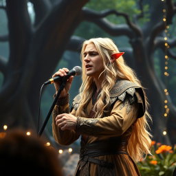 Legolas, the elven prince, captivating an audience as he sings a powerful ballad into a microphone