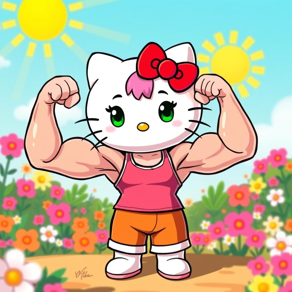 A muscular version of Hello Kitty, showcasing her iconic features like the bow and her adorable face, but with an athletic, powerful body