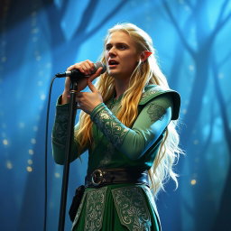 Legolas Greenleaf, the elven prince, standing on stage, passionately singing a power ballad into a microphone