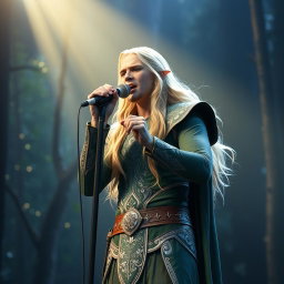 Legolas Greenleaf, the elven prince, standing on stage, passionately singing a power ballad into a microphone