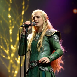 Legolas Greenleaf, the elven prince, standing on stage, passionately singing a power ballad into a microphone