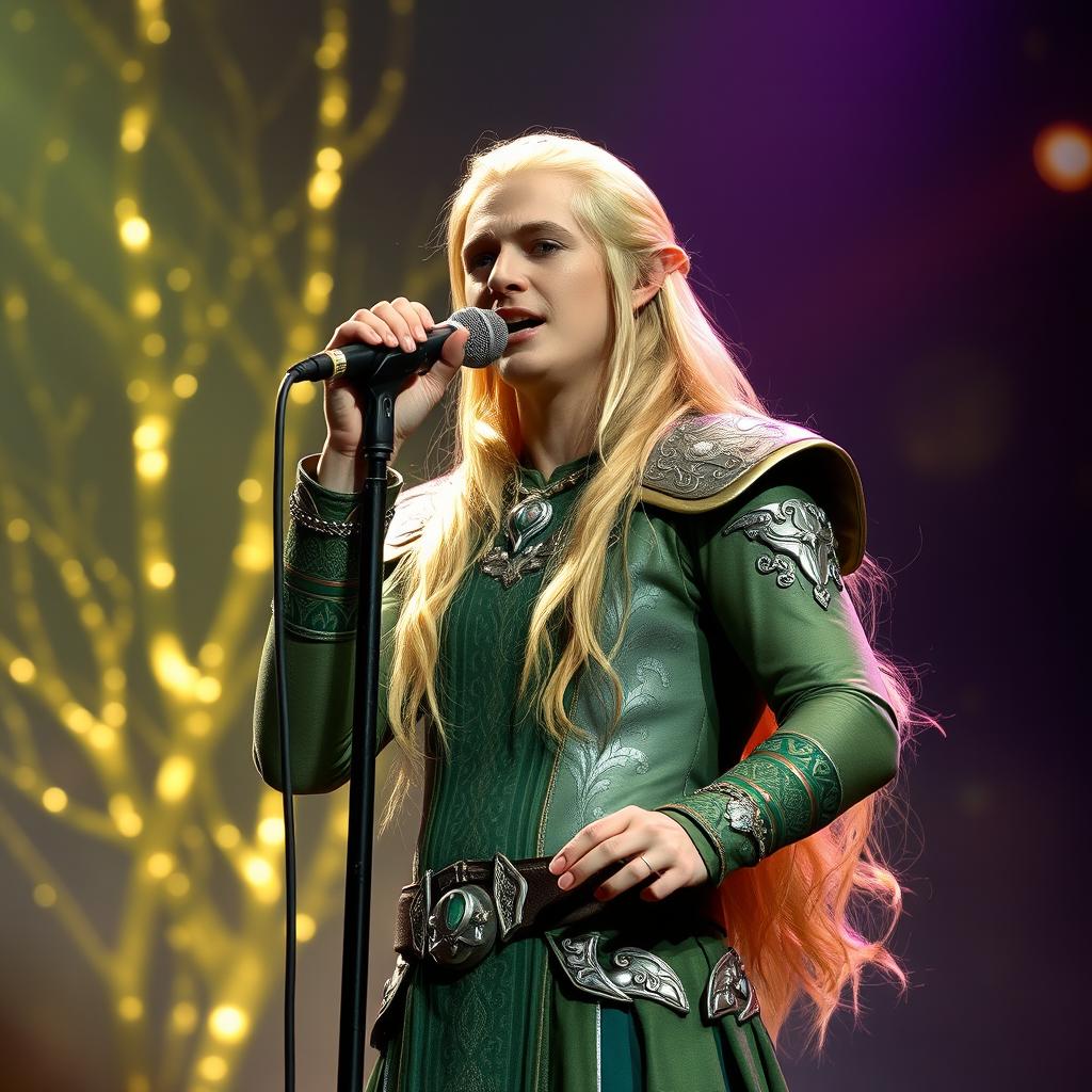 Legolas Greenleaf, the elven prince, standing on stage, passionately singing a power ballad into a microphone