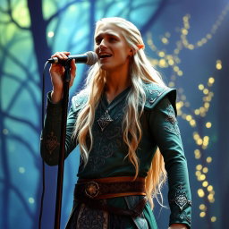 Legolas Greenleaf, the elven prince, standing on stage, passionately singing a power ballad into a microphone