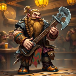 A dwarven bardbarian character, a robust dwarf with a braided beard and a fierce yet joyful expression, playing a unique guitar shaped like a battle axe
