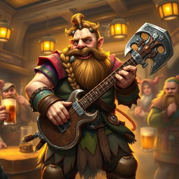 A dwarven bardbarian character, a robust dwarf with a braided beard and a fierce yet joyful expression, playing a unique guitar shaped like a battle axe