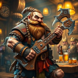 A dwarven bardbarian character, a robust dwarf with a braided beard and a fierce yet joyful expression, playing a unique guitar shaped like a battle axe