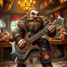 A dwarven bardbarian character, a robust dwarf with a braided beard and a fierce yet joyful expression, playing a unique guitar shaped like a battle axe