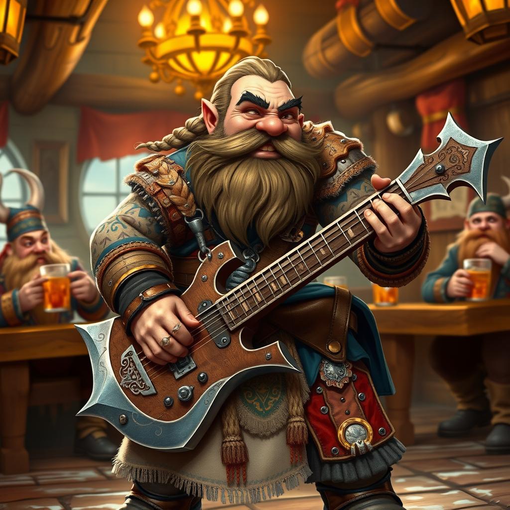 A dwarven bardbarian character, a robust dwarf with a braided beard and a fierce yet joyful expression, playing a unique guitar shaped like a battle axe