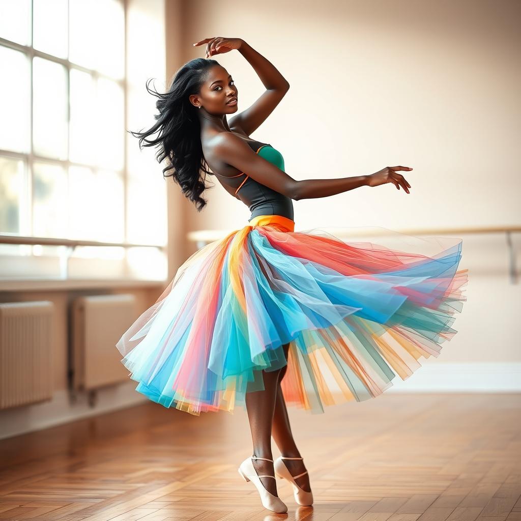 A stunning African Australian ballerina in an elegant pose, showcasing her graceful movements