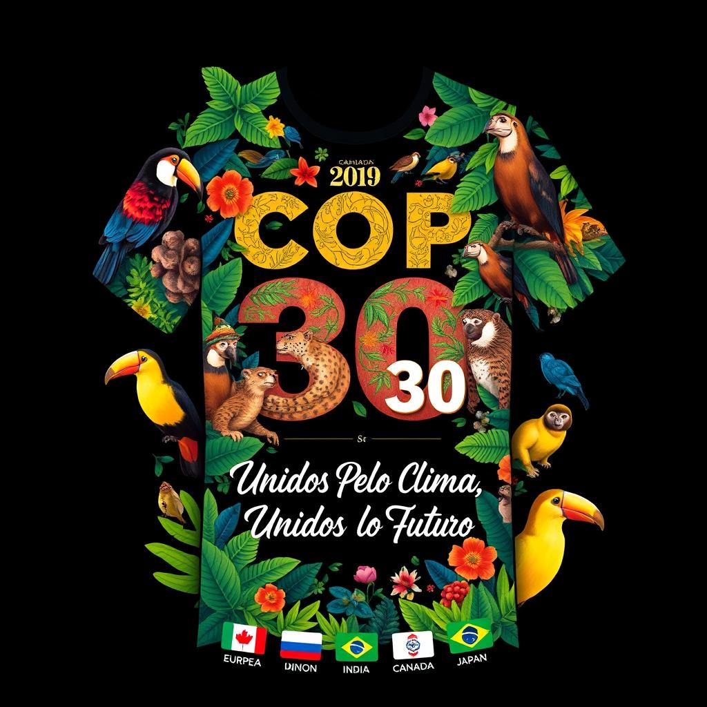 A vibrant and colorful t-shirt design featuring a lush Amazon rainforest theme