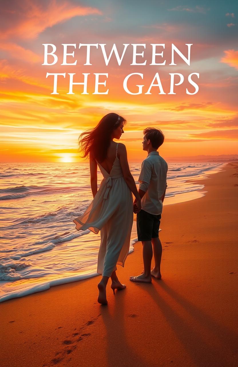 A romantic scene on a beach at sunset, featuring a couple holding hands