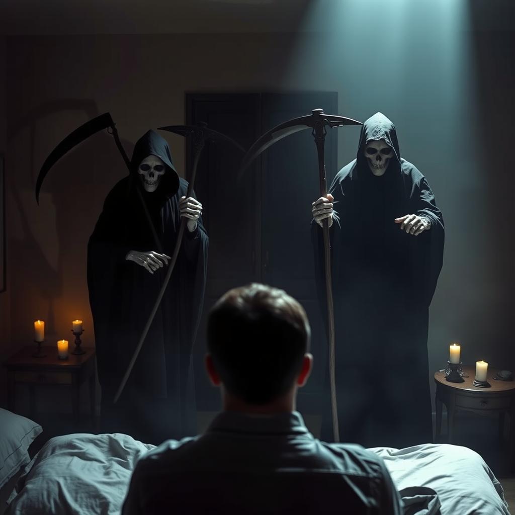 Two grim reapers with menacing scythes stand ominously in front of a man in a dimly lit bedroom, the atmosphere is tense and eerie, as viewed from the man's point of view