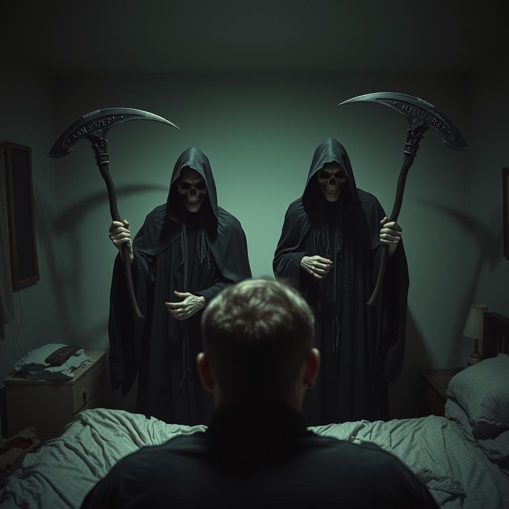 Two grim reapers with dark, tattered cloaks and skeletal faces holding menacing scythes stand ominously in front of a man in a dimly lit bedroom