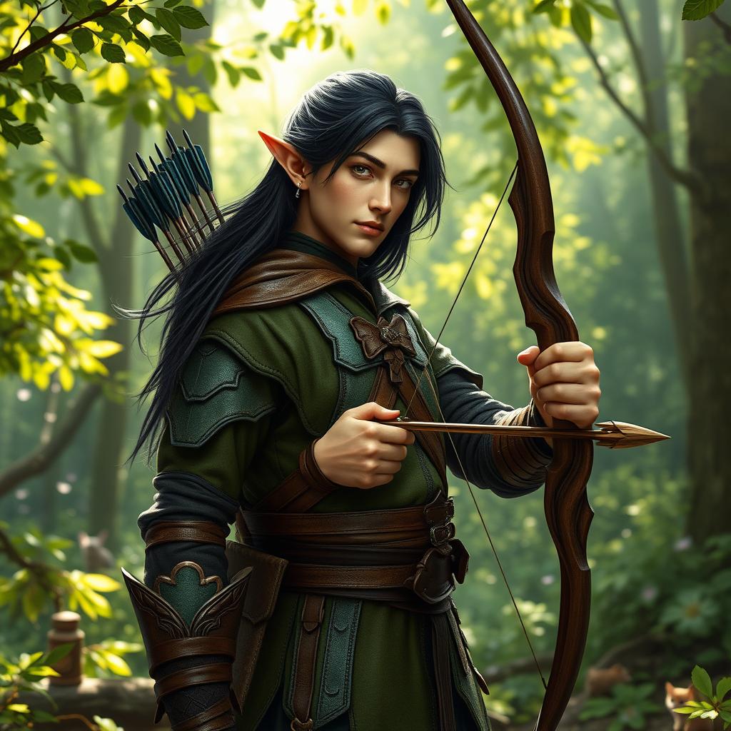A male wooden elf ranger in a lush forest, wearing intricate leather armor with green and brown hues that blend into the natural surroundings