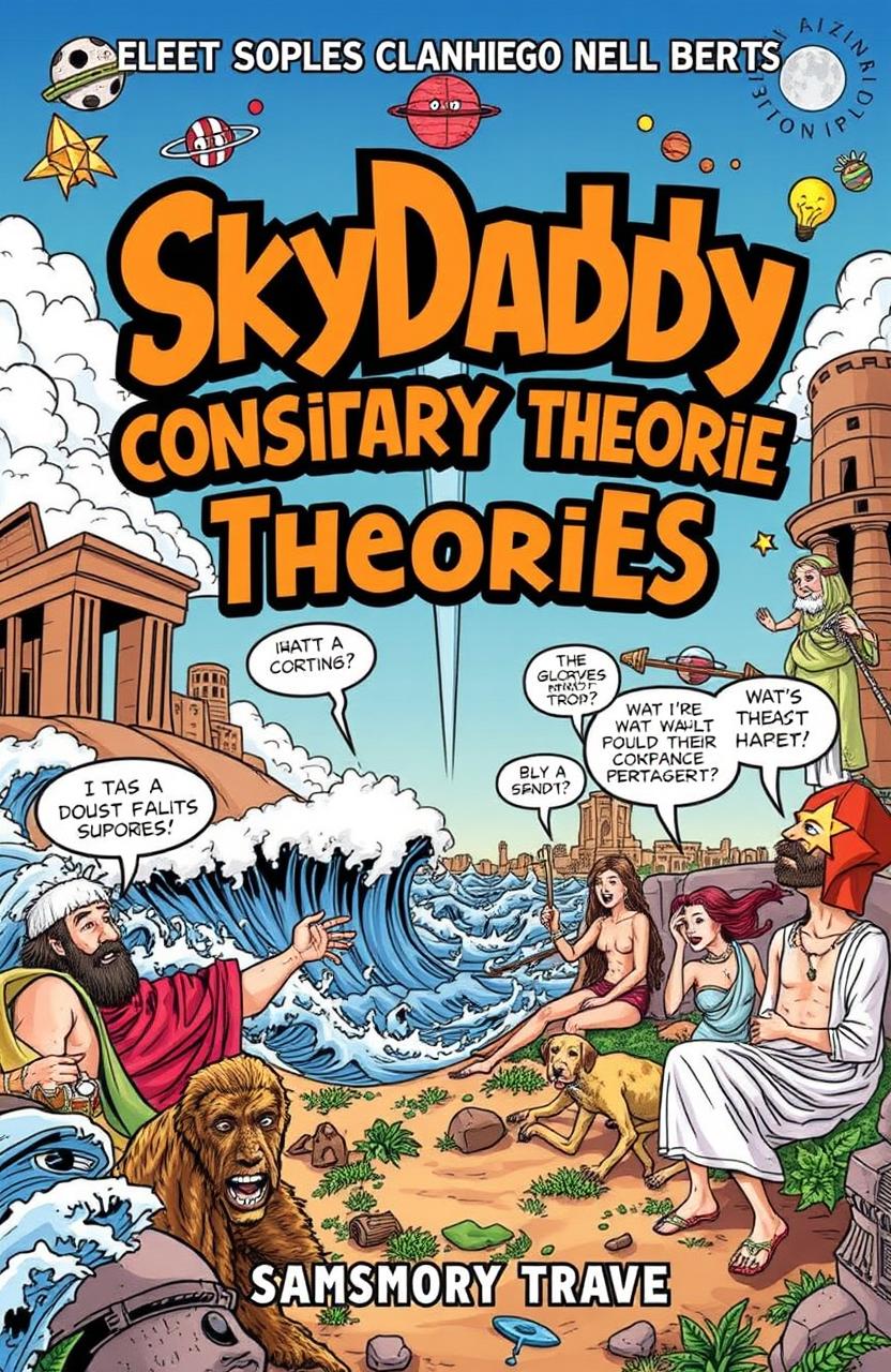 A graphic novel cover titled 'SkyDaddy Conspiracy Theories' depicting a surreal and satirical reinterpretation of biblical stories