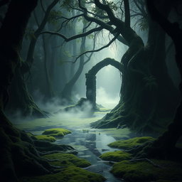 A mysterious dark swamp scene, filled with lush green moss, vibrant ferns, and intricate tree roots