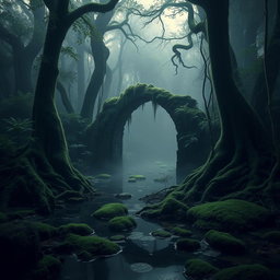 A mysterious dark swamp scene, filled with lush green moss, vibrant ferns, and intricate tree roots