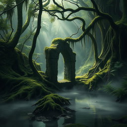 A mysterious dark swamp scene, filled with lush green moss, vibrant ferns, and intricate tree roots