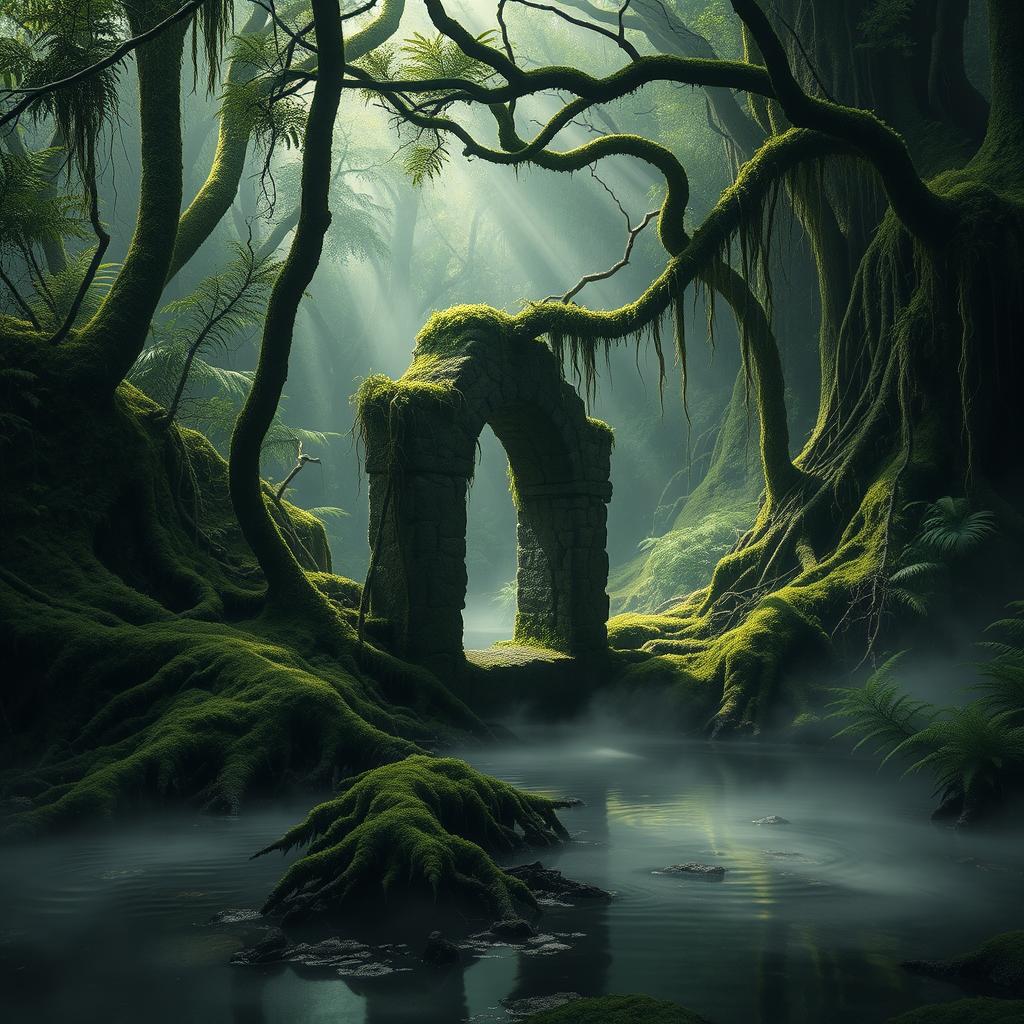 A mysterious dark swamp scene, filled with lush green moss, vibrant ferns, and intricate tree roots