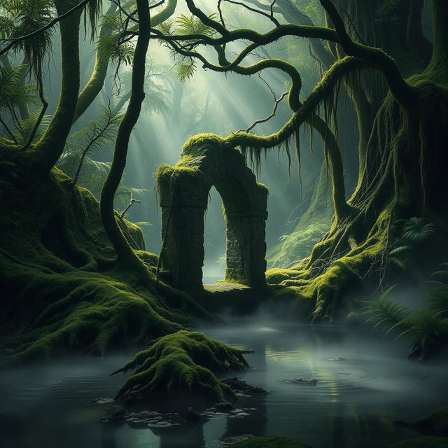 A mysterious dark swamp scene, filled with lush green moss, vibrant ferns, and intricate tree roots