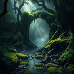 A mysterious dark swamp scene, filled with lush green moss, vibrant ferns, and intricate tree roots