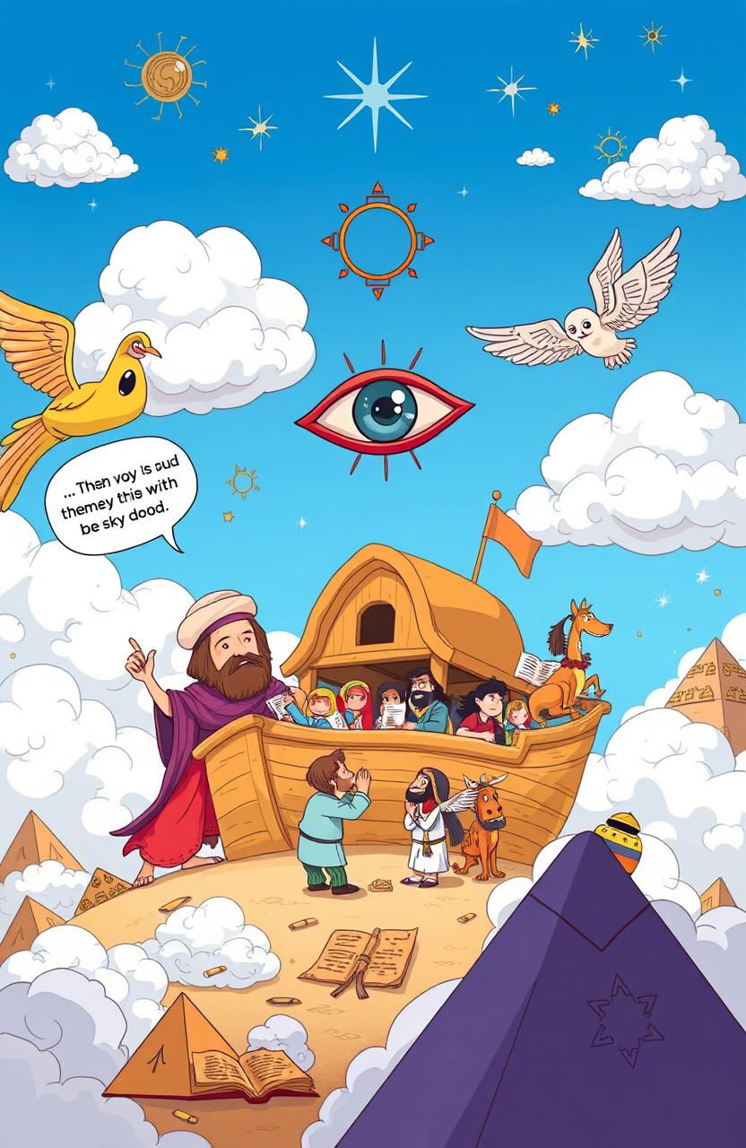 A whimsical depiction of conspiracy theories derived from the concept of SkyDaddy, inspired by themes from the Holy Bible