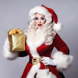 A flamboyant drag queen dressed as Santa Claus, featuring extravagant makeup, a fabulous red outfit with white fur trim, a voluminous beard, and a glittering bag full of gifts.